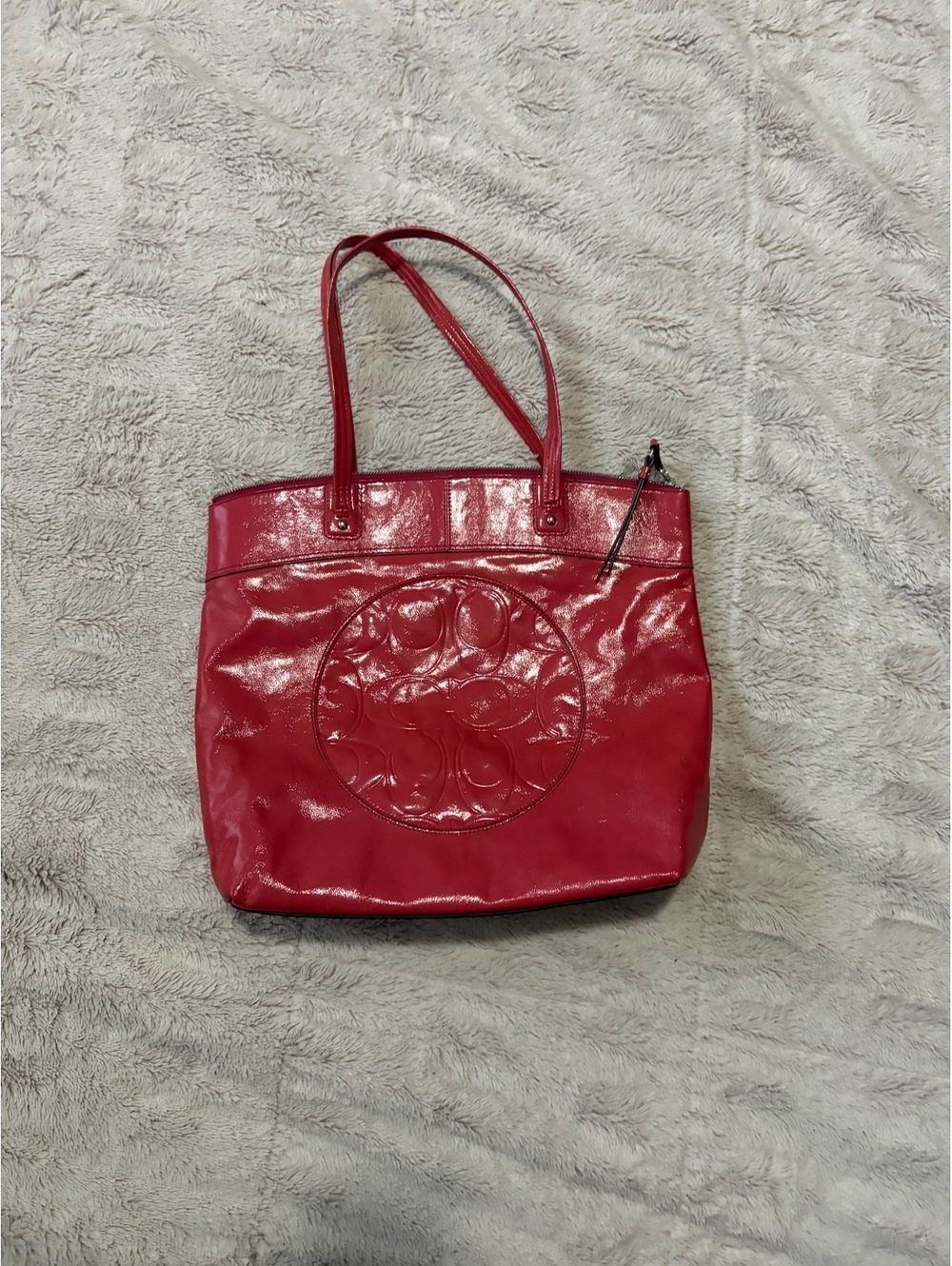 Coach Red Patent Leather Tote Bag with Signature Embossed Logo